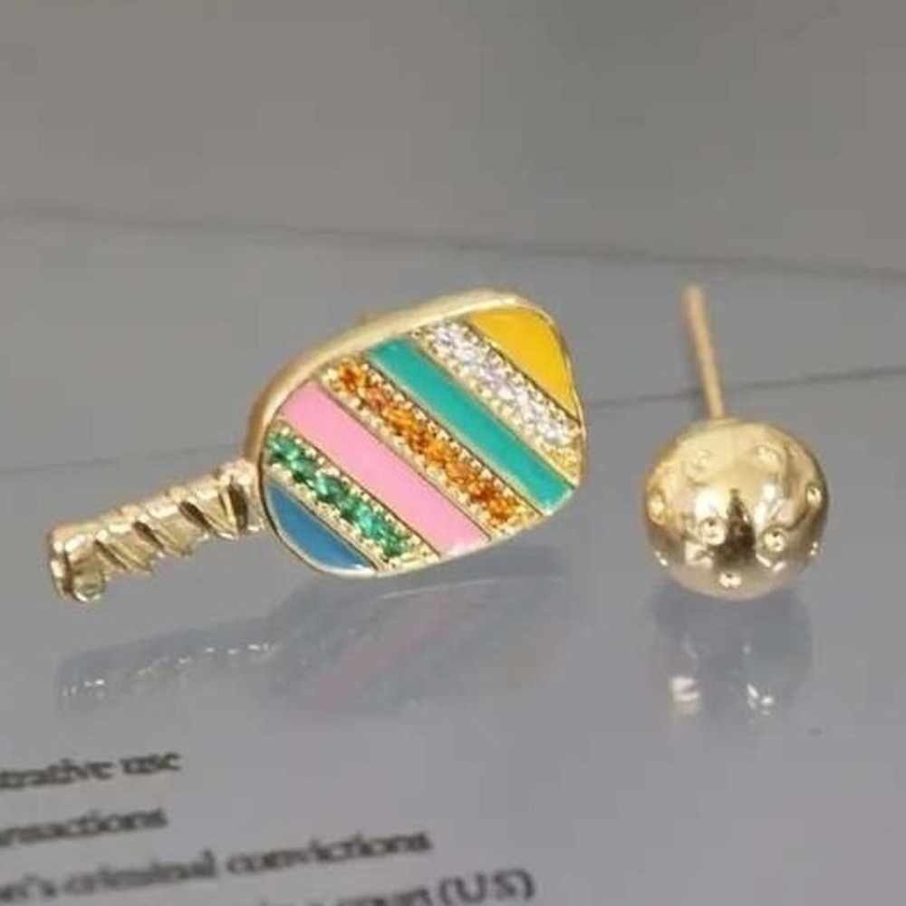 Pickleball Paddle & Ball Stud Earrings Colorful Striped Gold Tone Sport